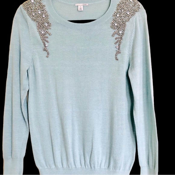 Halogen Jeweled Shoulder Sweater, Light Blue/Silver, Small/Petite - Picture 11 of 12